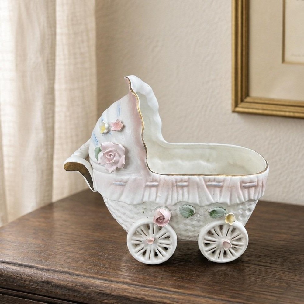 Vintage Lefton Bisque Baby Buggy Planter - Pink Roses - 1950s Japan Nursery
